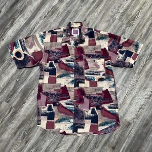 One Eight Hundred 90s Abstract Silk Button Up Shirt Burgundy Small